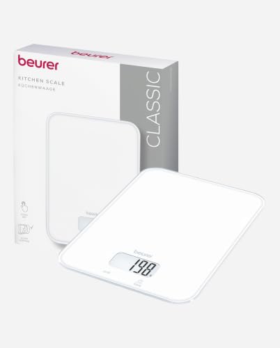 Foto von Beurer KS 19 Pure White digitale Küchenwaage, Tragkraft bis zu 5 kg (1-g-genaue Einteilung), Haushaltswaage mit Sensor-Touch, Lebensmittelwaage inkl. Batterien, ultraflaches Design, weiß