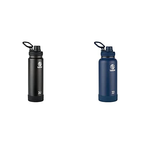 Takeya Actives Insulated Stainless Steel Water Bottle with Spout Lid, 24 oz, Onyx & Actives Insulated Stainless Steel Water Bottle with Spout Lid, 32 Ounce, Midnight