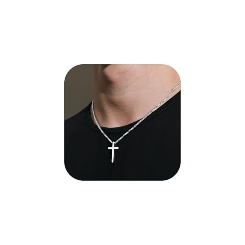 TINGN Ostern Geschenke Kreuz Kette für Herren und Jungen Silber Farben Edelstahl Schlichte Kreuz Anhänger Halskette für Herren Einfache Schmuck Schatulle Kette 16'-24' Christliche Taufkreuz Geschenke
