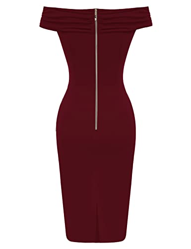 Belle Poque Women Off Shoulder Short Sleeve Pencil Dress Bodycon Wedding Guest Party Cocktail Dresses Dark Red Xl #TOP2