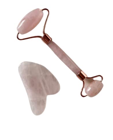 Crystal by Gaia Facial Massager Roller & Gua Sha Tool Natural Rose Quartz Stone for Face Eyes Neck Healing Skin Wrinkles & Serum Application For Women and Men