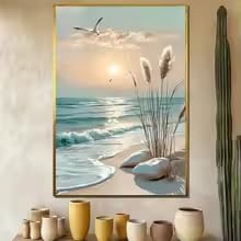 ZHUOYA Seaside Sunset Canvas Print: Pampas Grass & Seagulls - Coastal Modern Home Living Room, Bedroom Decoration Posters(40x60cm/Frameless)