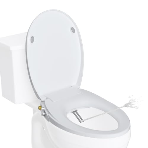Hibbent Round Bidet Toilet Seat with Slow Close, Non-Electric Bidet Attachment for Toilet Seat with Dual Nozzle, Bidet Sprayer with Adjustable Self-Cleaning Nozzles, Brass T Adapter