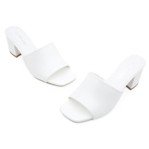 Image of Herstyle Square Open Toe Heeled Sandals for Women 2.5 Inch Low Block Chunky Heel Sandals Slip-On Mules Comfortable Dress Shoes for Party Wedding Office