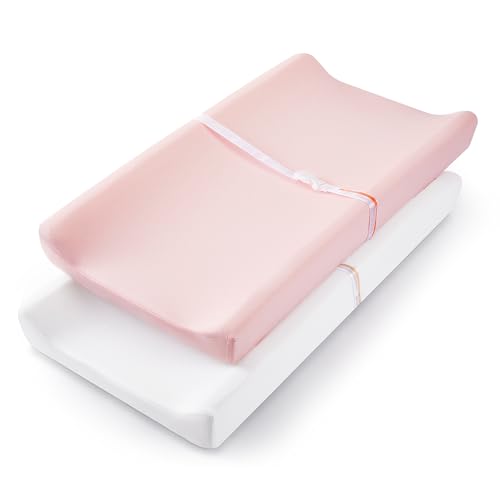 Image of TILLYOU Changing Pad Cover Set in Soft Jersey Material - Fits 32"/34''x16 Contoured Pad for Babies,Peachy Pink & White