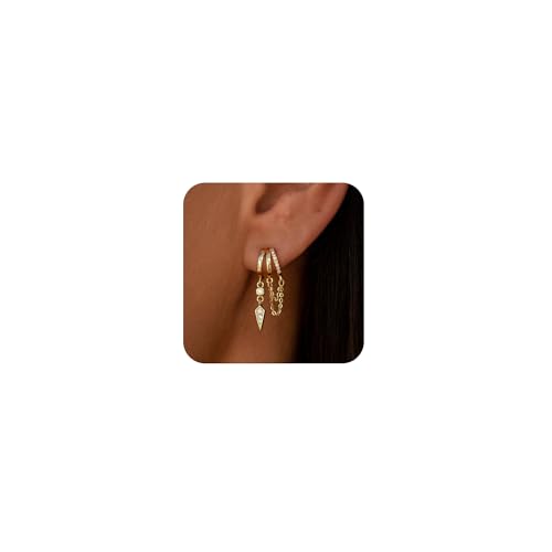Dangle Earrings for Women,14k Gold Plated Triple Huggie Stud Earrings Cute Statement Chain Earring Dainty Drop Earrings for Women Trendy Gold Jewelry
