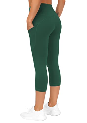 Image of THE GYM PEOPLE Thick High Waist Capris Yoga Pants with Pockets, Tummy Control Workout Running Yoga Leggings for Women