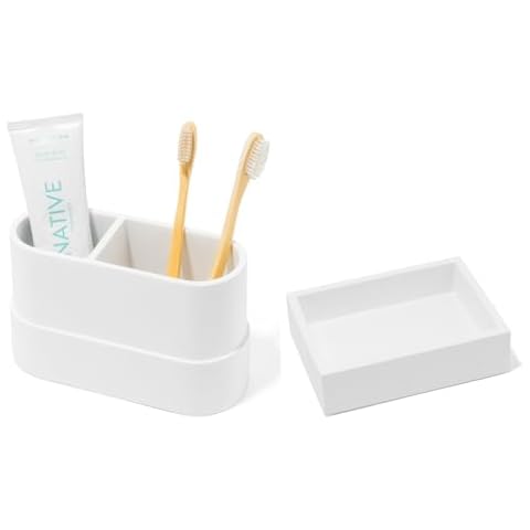 Yew Design Matte White Large Toothbrush and Toothpaste Holder, 2 Compartments Round Organizer PLUS Matte White Square Soap Dish, Hand Soap Holder BUNDLE Cover