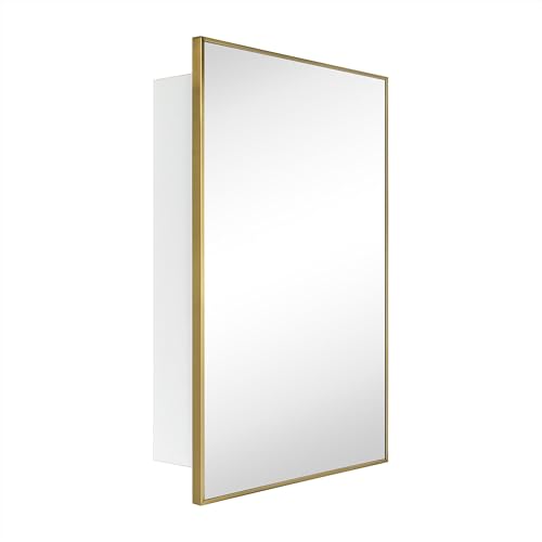 Image of TEHOME 20'' x 30'' Brushed Gold Recessed and Surface Mount Bathroom Medicine Cabinet with Mirror Brushed Gold Square Cornered Metal Framed Rounded Rectangle Medicine Cabinet Mirror