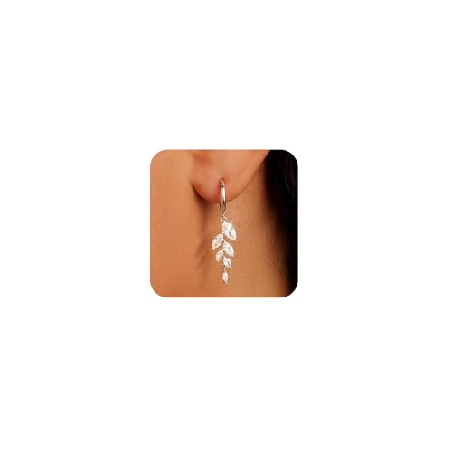 HEVOCY Silver CZ Leaf Dangle Earrings for Women Huggie Hoop Drops