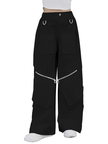 Cromoncent Girls' Cotton Baggy Cargo Pants Multi Pockets Y2K Pants with Two Zippers, Black, 11-12 Years = Tag 160