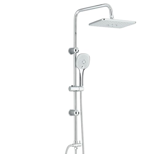 LLFFSSDG Columna de Ducha Fija con Grifo Monomando - Set de Ducha Lluvia Cuadrado 29x19cm y Alcachofa de Mano - Kit Completo de Ducha en Cromo Plata