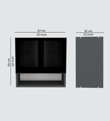 Image of SPECIALITY PANELS Wall Mounted Kitchen Cabinet with Glass Door Shutters, 2 Door Storage Cabinet, DIY Assembly, 57x55 cm, Black