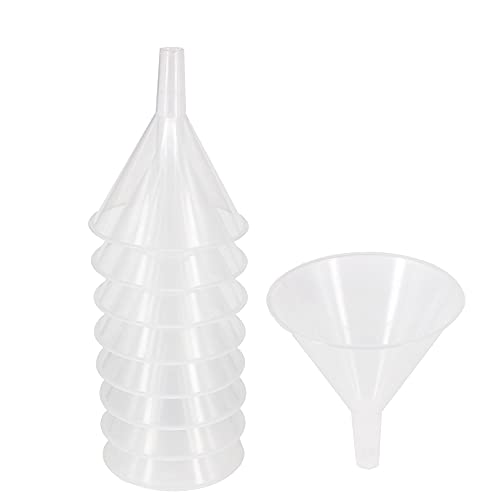 YBCPACK 8 Pack 12cm Multi-Purpose Plastic Funnels with Long Spout ，Food Grade Plastic Funnels Great for Transferring Water, Juice, Beer，Detergent, transmission oil，Ingredients and Powder