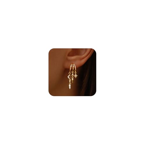 HLJEO Dangle Earrings for Women Statement Gold Earrings 14K Gold Plated Star Drop Earrings for Women Trendy Unique Dainty Dangly Earrings Cute Fun Triple Huggie Earrings Waterproof Jewelry Gifts