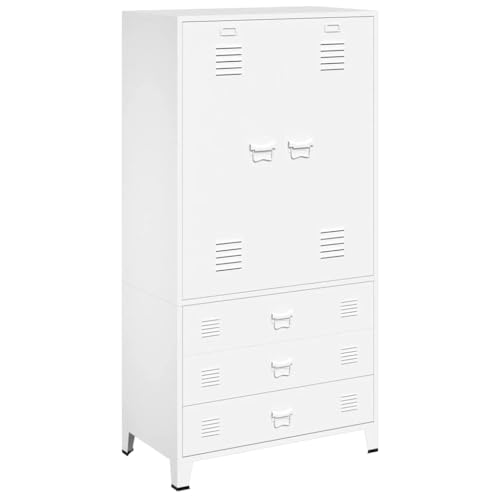 Teenpull Armario industrial de metal blanco 90 x 50 x 180 cm con barra para colgar, 2 estantes, 3 cajones y rejillas de ventilación, espacio de almacenamiento para dormitorio, habitación juvenil