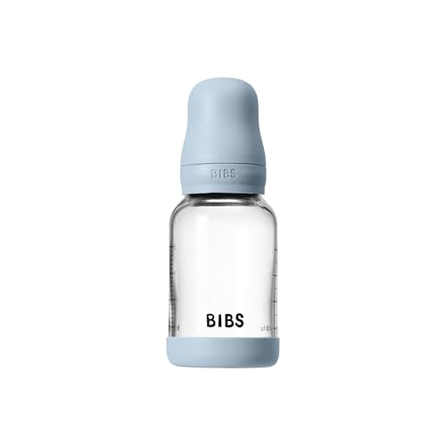 Image of BIBS Baby Glass Bottle. 4 US fl oz / 120 ml. Anti-Colic. Vented Round Natural Rubber Latex Nipple. Supports Natural Breastfeeding, Slow Flow, Complete Set - Baby Blue