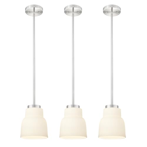 FEMILA 3 Pack 6.7" Vintage Light Fixtures, Milk Glass Kitchen Island Lighting, Brushed Nickel Antique Chandelier, Hanging Light Fixture for Bedroom Hotel Living Room, 4FYD87MIL-3PK BN