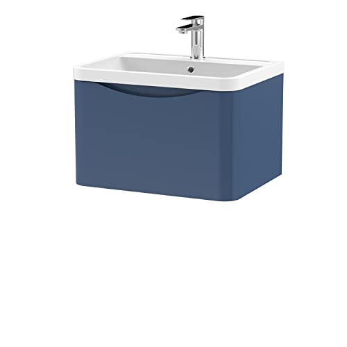 Image of nuie LUN305 Lunar Modern Bathroom Wall Hung 1 Drawer Vanity Basin Unit & Polymarble Basin, 600mm, Satin Blue