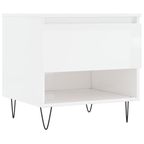 Table basse blanc brillant 50x46x50cm avec tiroir et compartiment