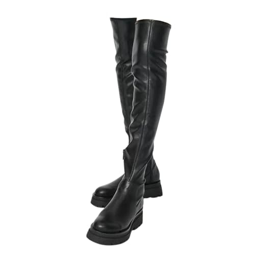 Platform Tight High Boots for Women Stretch Leather Chunky Slip On Flats Over The Knee Boots Winter Long Boots
