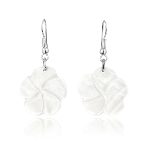 Tropical Plumeria Flower White Kabibe Shell Dangle Earrings