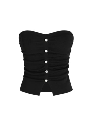 Image of CIDER Faux Pearl Tube Tops for Women Split Hem Knit Crop Y2K Going Out Tops | Cute Ruched Tops, Spring Summer Outfits, Vacation, Concert