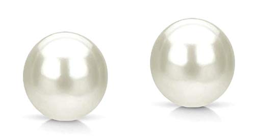 Golden Choice10K Solid Gold White Pearl Earrings for Women 10 mm-10.5 mm Freshwater Cultured AAA to AA Pearls Full of Sheen and Luster Hand Picked Semi Round Stud Brides Maid Accessories