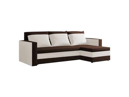 FORNIRO 24 Loft Ecksofa mit Schlaffunktion und Bettkasten – Sofa L-Form 225x130x75 cm, Stoff Basic in Braun-Beige, 3 Sitze & Kissen für modernes Wohnen