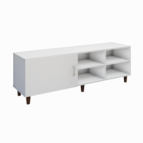 Image of VIKI Modern TV Unit for Living Room | Engineered Wood TV Cabinet with 1 Door Storage & 2 Open Shelves, Set Top Box Stand, Entertainment Unit, 140W x 48H x 40D cm | DIY | 1 Year Warranty (White)