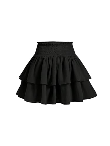 GORGLITTER Women's Ruffle Mini Skirt Tiered Smocked High Waist A Line Flowy Skirts