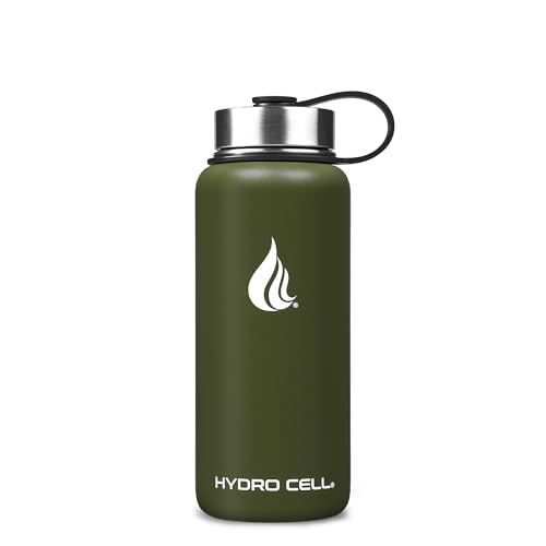 HYDRO CELL Stainless Steel Water Bottle w/Straw & Wide Mouth Lids (40oz 32oz 24oz 18oz) - Keeps Liquids Hot or Cold with Double Wall Vacuum Insulated Sweat Proof Sport Design (Army 32 oz)