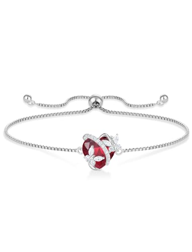Vesitim Butterfly Bracelet for Women Sterling Silver Heart Jewelry Birthstone Charm Link Bracelet, 0.98inch, Created Ruby