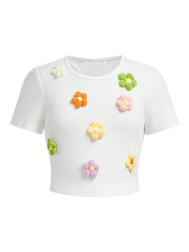 WDIRARA Girl's 3D Floral Decor Round Neck Short Sleeve T-Shirt Summer Slim Fit Cropped Tee Tops