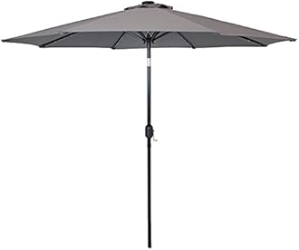 Sunnydaze 9 ft Outdoor Patio Umbrella with Solar Lights - Polyester LED Table Market Umbrella with Push-Button Tilt and Crank - Gray
