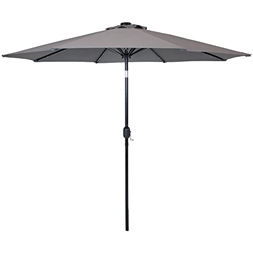 Sunnydaze 9 ft Outdoor Patio Umbrella with Solar Lights - Polyester LED Table Market Umbrella with Push-Button Tilt and Crank - Gray