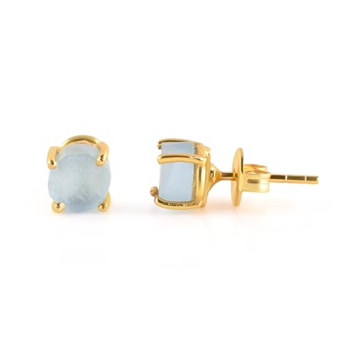 Raw Aquamarine Gold Stud Earrings For Women Natural Blue Gemstone Dainty Pair March Birthstone Energy Crystals Jewelry 14K Gold Plated Flat Back Trendy Gifts