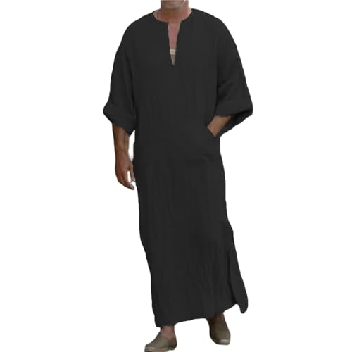 Thatrich Mens Muslin Robe Full Length Long Sleeve Tops V Neck Kaftan Cotton Lightweight Pullover Thobe Comfy Cozy Nightshirts