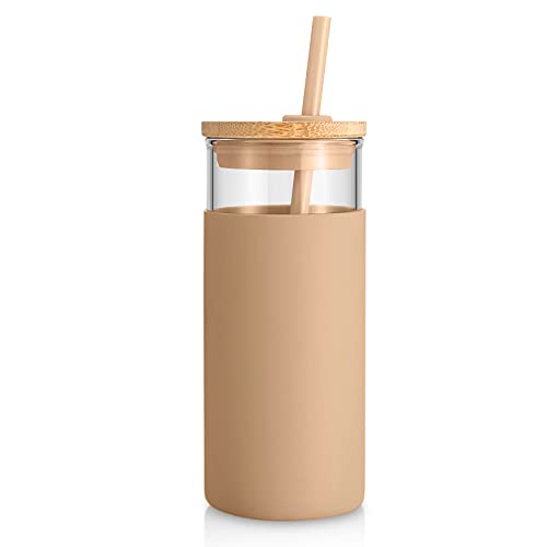 Tronco 20 oz Glass Tumbler with Lid and Straw, Iced Coffee Cup and Smoothie Cup with Bamboo Lids & Protective Silicone Sleeve, Dishwasher Safe, BPA-Free, Glass Cup 1 Pack Amber 20 Ounces (Pa