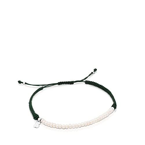 TOUS Pulsera Nylon Verde de Perlas Cultivadas para Mujer con Motivo de Oso en Plata de Primera Ley, 0,2cm, Combinable y Versátil, Colección Color AG