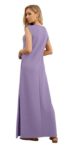 Image of GRECERELLE 2026 Women Year-Round Casual Round Neck Loose Split Wrinkle-Free Long Maxi Vacation Dress with Pockets (XXS-4XL)