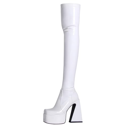 Roimaash Women's Thigh High Heels Latex Boots Over-the-knee Boots High Knee Boots Platform Stretch