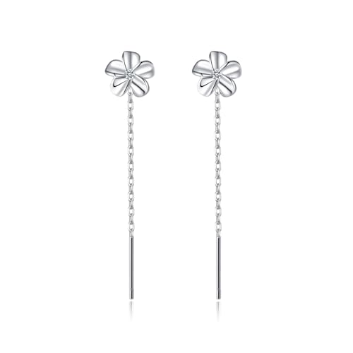 Reffeer Solid 925 Sterling Silver Plumeria Flower Chain Dangle Earrings for Women Teen Girls CZ Flower Tassel Earrings Threader Drops