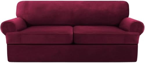 4-Piece Velvet T-Shape Sofa Cover Set for 3-Cushion Couch - Elastic Bottom Furniture Protector with Individual Cushion Covers - Stylish Coffee Color