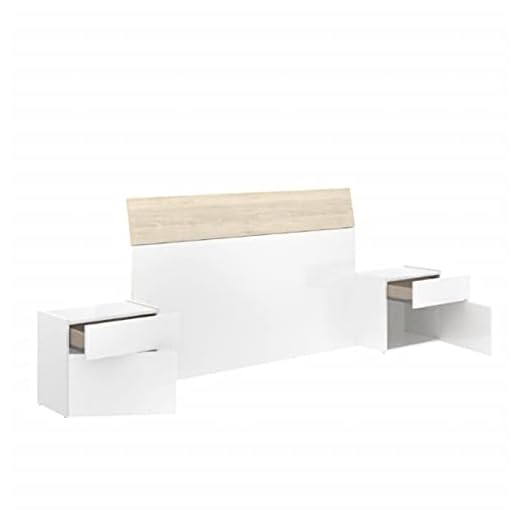 HABITMOBEL Conjunto cabecero + 2 mesitas con Dos cajones Marie en Blanco Brillo y Natural