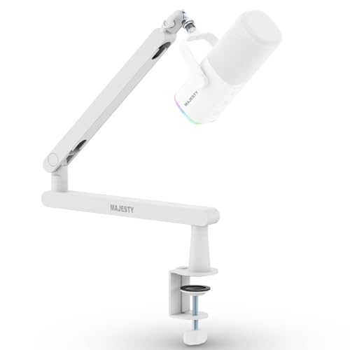 Majesty Professional Microphone Arm 360 Degree Rotation | Mic Stand for Podcasting Streaming Recording Gaming and Content Making | Internal Cable Management | Anti-Vibration Stand Up to 2kg White