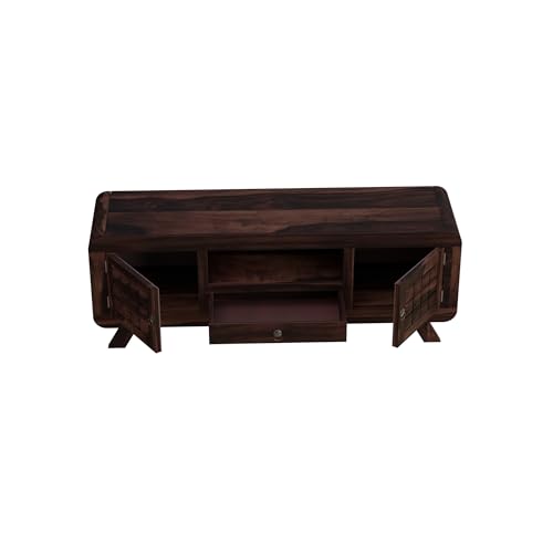 Image of Sheesham Wood Entertainment Tv Unit for Living Room | Free Standing Media Console Movable Tv Cabinet Sideboard | Tv Table Side Board with 2 Doors, 1 Drawer & Open Shelf Storage | Walnut
