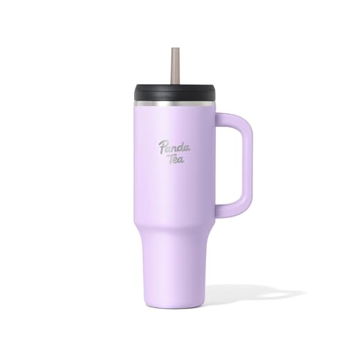 Panda Tea - Mug XXL avec Paille - 1180 mL - Violet - Gourde Inox isotherme avec Paille – Boissons Chaudes & Froides - Bouteille Double Paroi – Gourde...