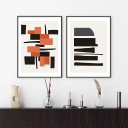 Cuadros modernos de salón tríptico abstracto geométrico naranja negro decoración dormitorio