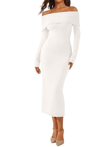 LILLUSORY Off Shoulder Sweater Dress for Women Knit Bodycon Sweater Long Sleeve Fall Party Wedding Formal Sexy Midi Dresses 2025 White Medium